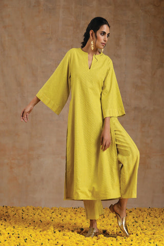Lime Gold Cotton Relax High Slit Kurta Set