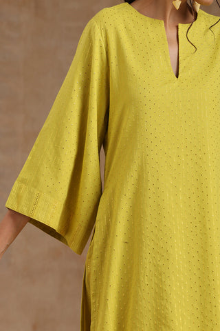 Lime Gold Cotton Relax High Slit Kurta Set