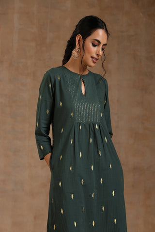 Dark Green Gold Cotton Yoke Kurta Set