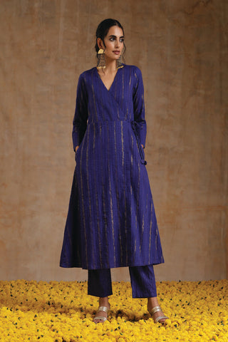Spectrum Blue Gold Cotton Angrakha Kurta Set
