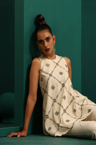 Truebrowns Ivory Rhombus Cotton Sleeveless Co-Ord Set