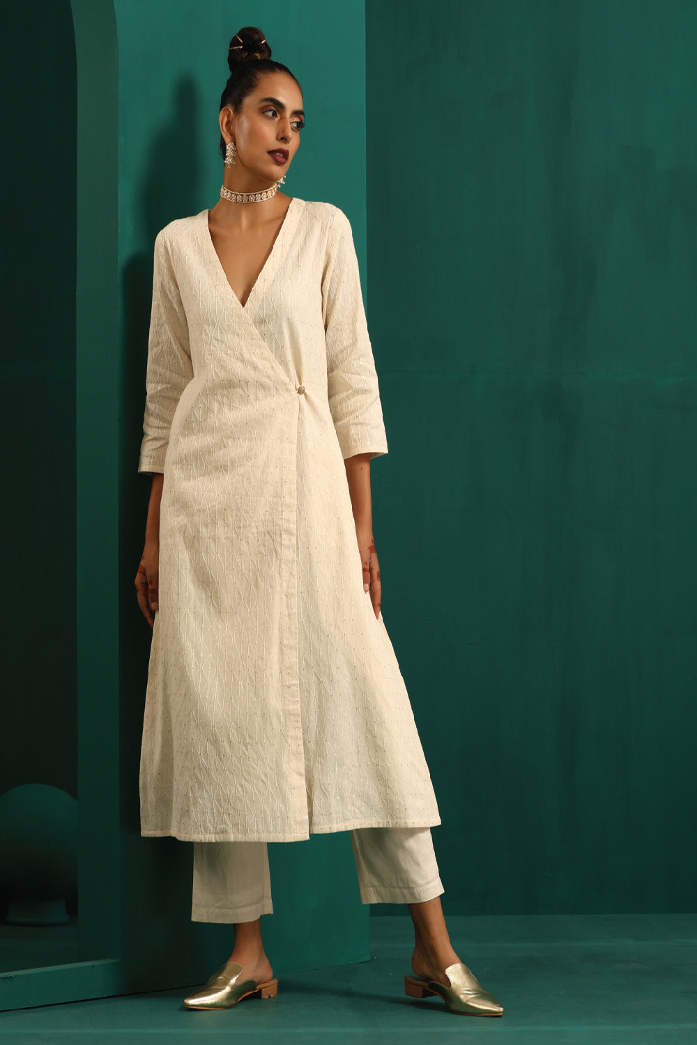 Truebrowns Ivory Tonal Cotton Angrakha Kurta Pant Set