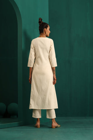 Truebrowns Ivory Tonal Cotton Angrakha Kurta Pant Set