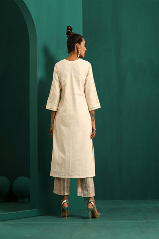 Truebrowns Ivory Tonal Cotton Kurta With Embroidered Pants