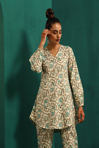 Truebrowns Teal Floral Cotton Printed Short Co-Ord Set