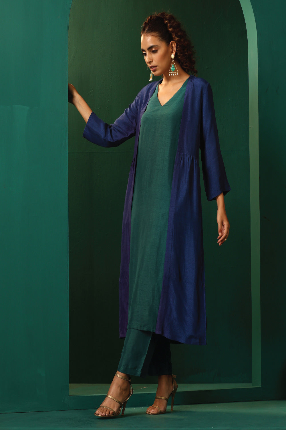 Truebrowns Blue Teal Silk Kurta Jacket Set