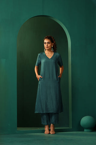 Truebrowns Blue Teal Silk Kurta Jacket Set