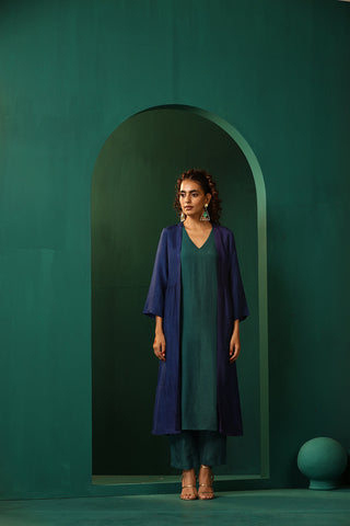 Truebrowns Blue Teal Silk Kurta Jacket Set