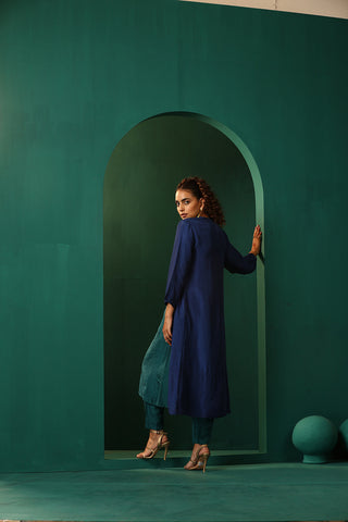 Truebrowns Blue Teal Silk Kurta Jacket Set