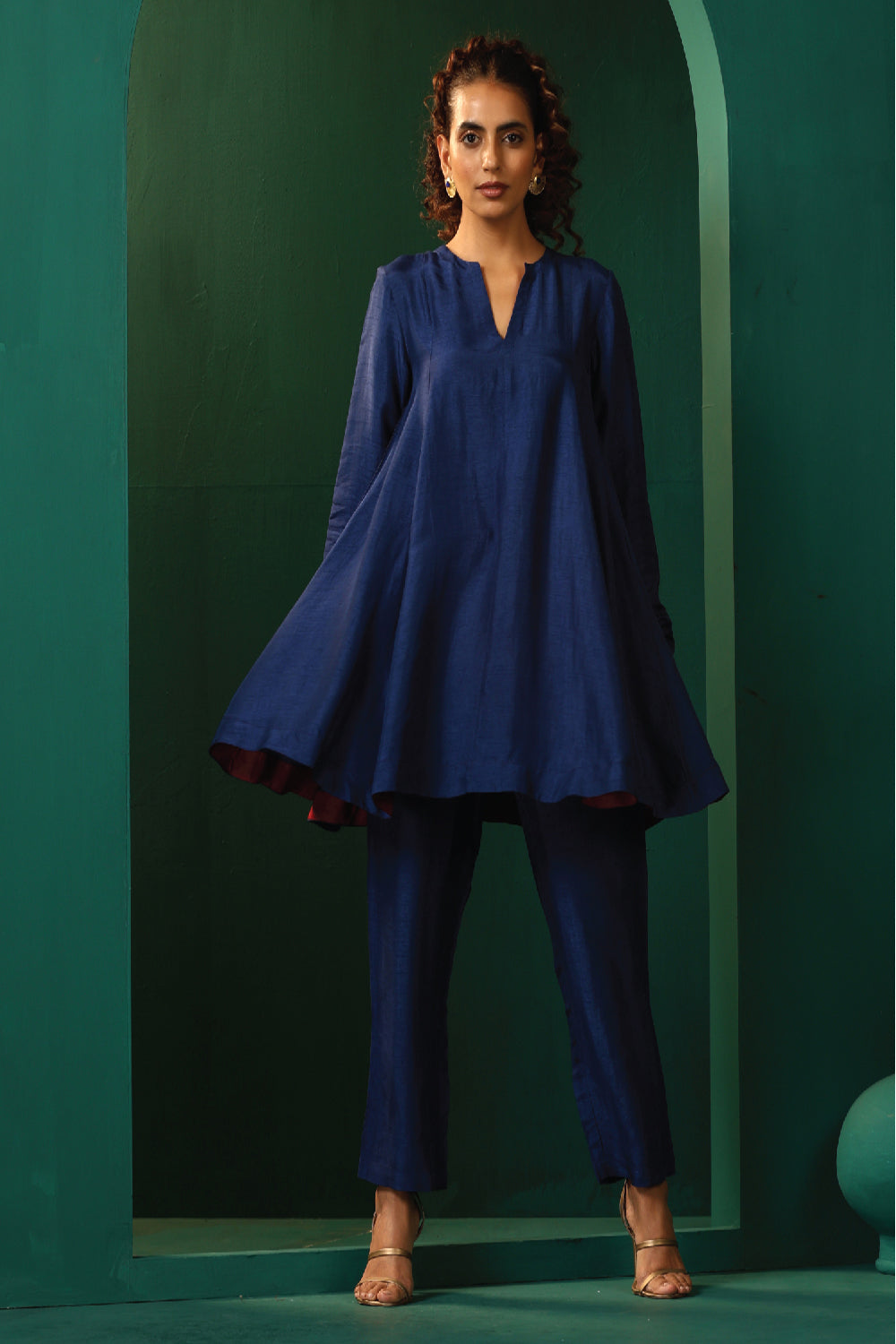 Truebrowns Blue Silk Flared Co-Ord Set