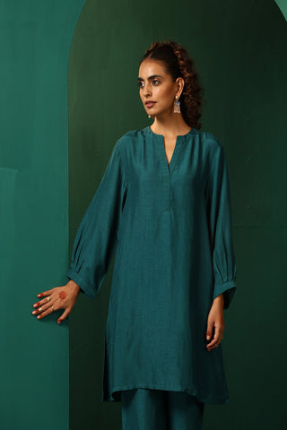 Truebrowns Teal Silk Relaxed Placket Co-Ord Set