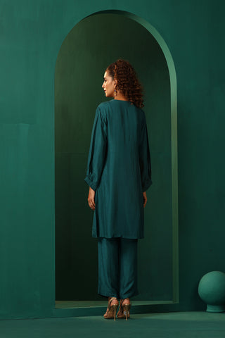 Truebrowns Teal Silk Relaxed Placket Co-Ord Set