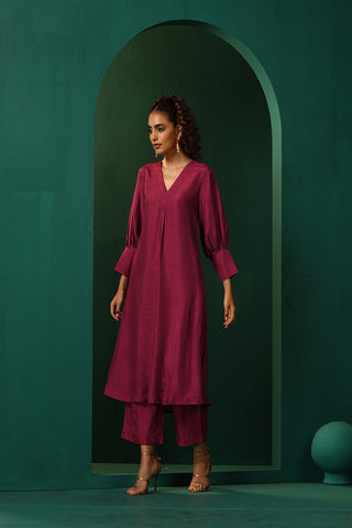 Truebrowns Purple Silk Puff Sleeve Kurta Pant Set