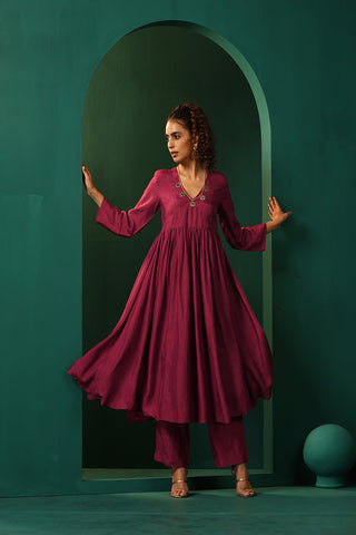 Truebrowns Purple Silk Angrakha Kurta Pant Set