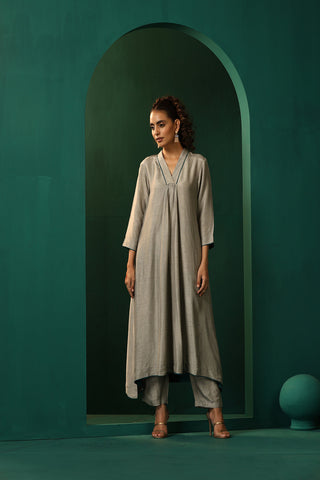 Truebrowns Grey Silk Front Gathered Kurta Pant Set