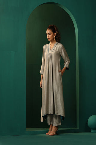 Truebrowns Grey Silk Front Gathered Kurta Pant Set
