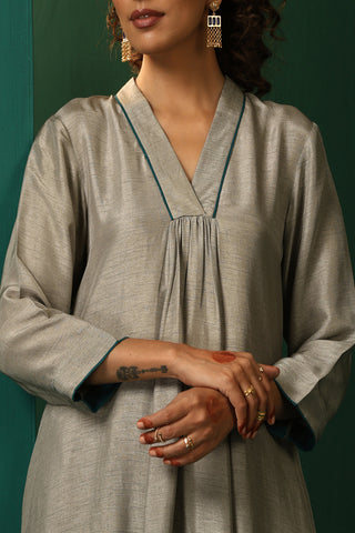 Truebrowns Grey Silk Front Gathered Kurta Pant Set
