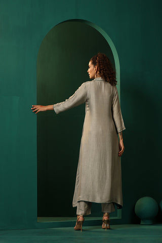 Truebrowns Grey Silk Front Gathered Kurta Pant Set