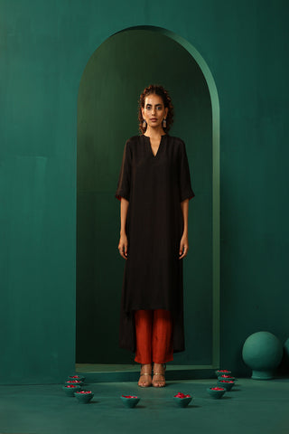 Truebrowns Black Silk High Low Kurta Pant Set