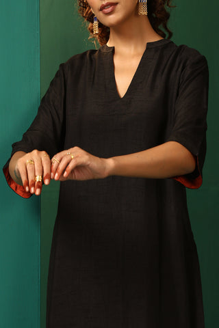 Truebrowns Black Silk High Low Kurta Pant Set