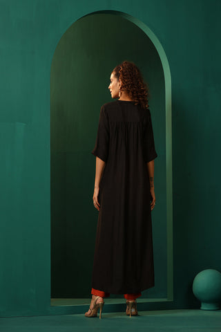 Truebrowns Black Silk High Low Kurta Pant Set