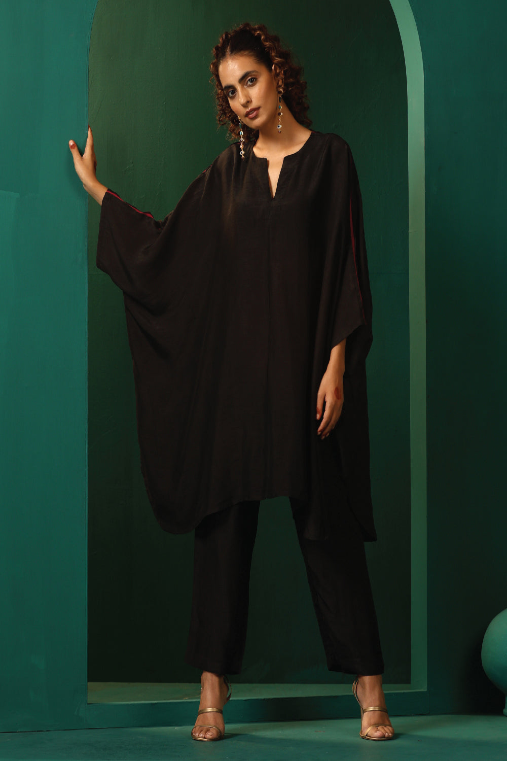 Truebrowns Black Silk Kaftan Pant Set