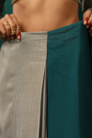 Truebrowns Teal Grey Silk Pre-Stitched Saree