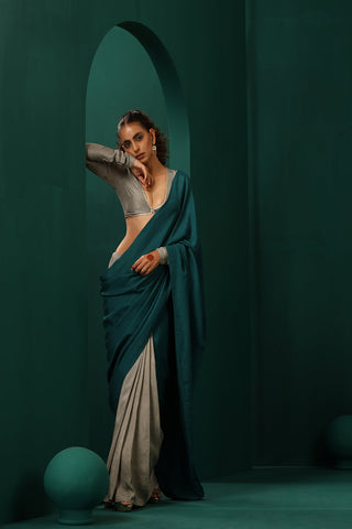 Truebrowns Teal Grey Silk Pre-Stitched Saree