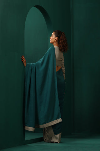 Truebrowns Teal Grey Silk Pre-Stitched Saree