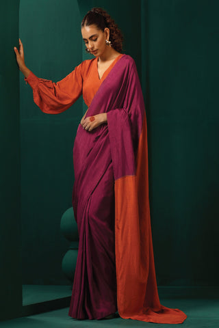 Truebrowns Purple Rust Silk Pre-Stitched Saree