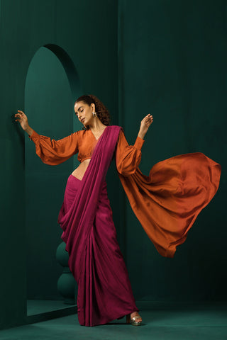 Truebrowns Purple Rust Silk Pre-Stitched Saree