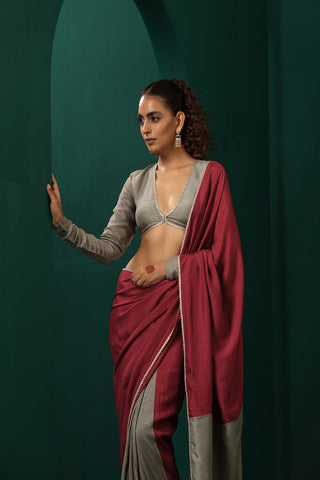 Truebrowns Grey Purple Silk Pre-Stitched Saree