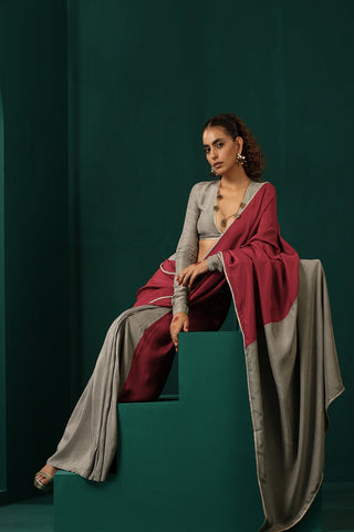 Truebrowns Grey Purple Silk Pre-Stitched Saree