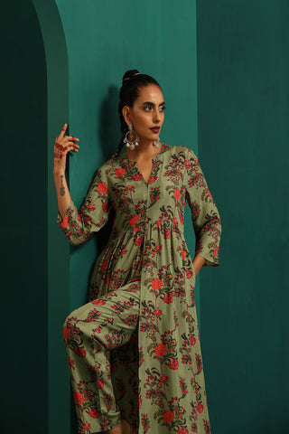 Truebrowns Green Floral Muslin Silk Printed Front Slit Kurta Pant Set