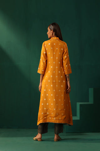 Truebrowns Mustard Geometric Floral Viscose Silk Front Gathered Kurta Pant Set