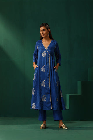 Truebrowns Royal Blue Floral Viscose Silk Angrakha Kurta Pant Set