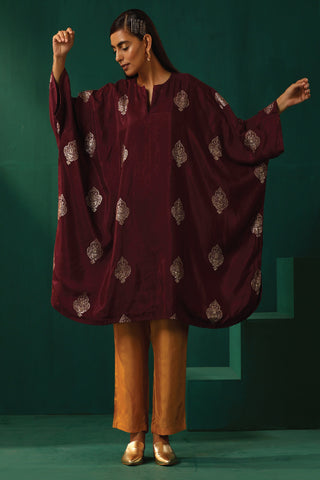 Truebrowns Wine Geometric Viscose Silk Kaftan Kurta Pant Set