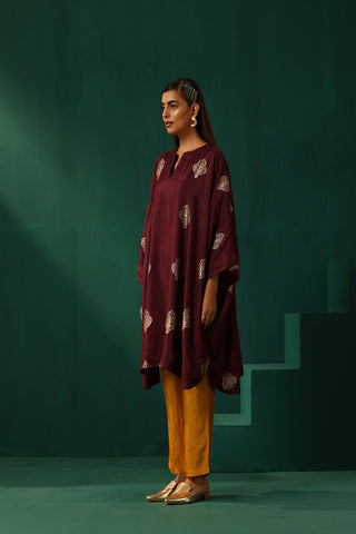 Truebrowns Wine Geometric Viscose Silk Kaftan Kurta Pant Set