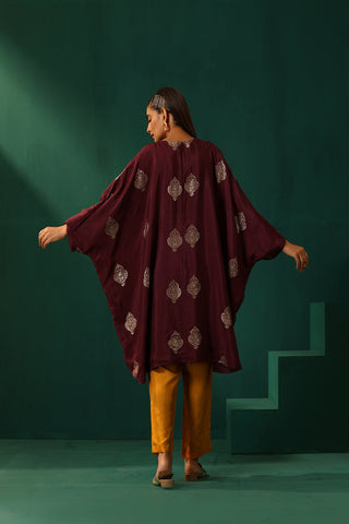 Truebrowns Wine Geometric Viscose Silk Kaftan Kurta Pant Set