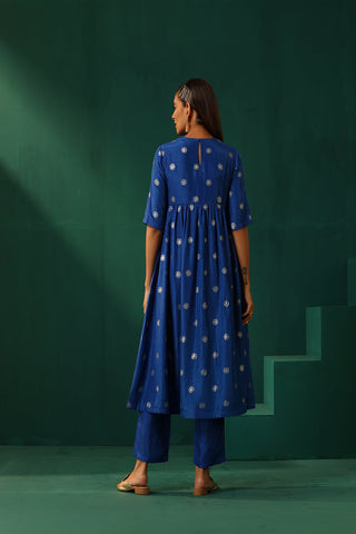 Truebrowns Royal Blue Geometric Floral Viscose Silk Side Gathered Kurta Pant Set