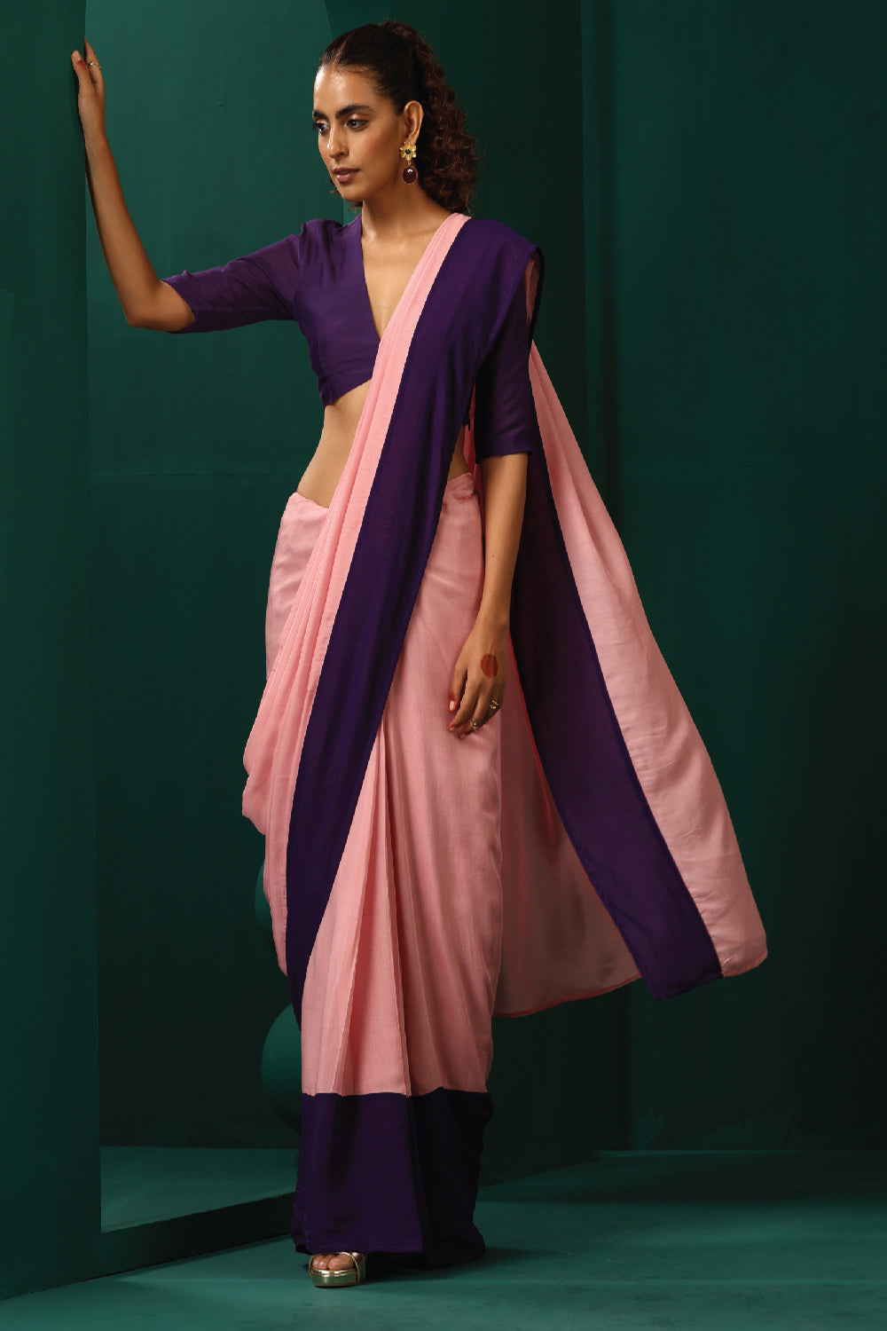 Truebrowns Pink Purple Muslin Silk Pre-Stitched Saree