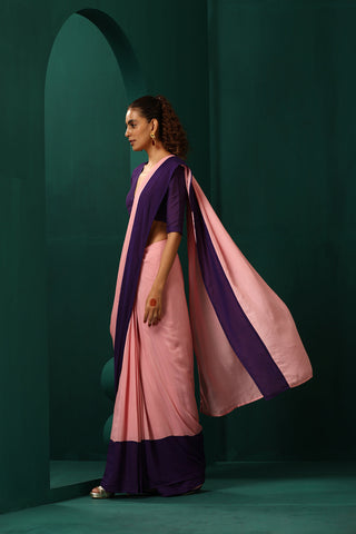 Truebrowns Pink Purple Muslin Silk Pre-Stitched Saree