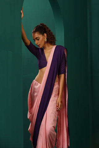 Truebrowns Pink Purple Muslin Silk Pre-Stitched Saree