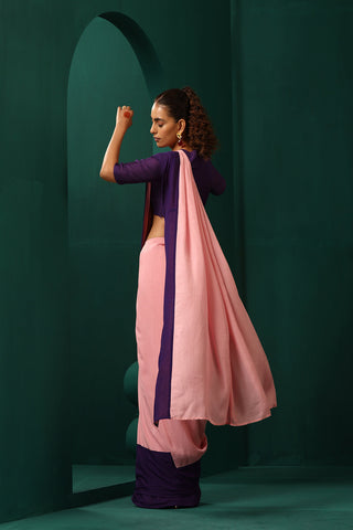 Truebrowns Pink Purple Muslin Silk Pre-Stitched Saree