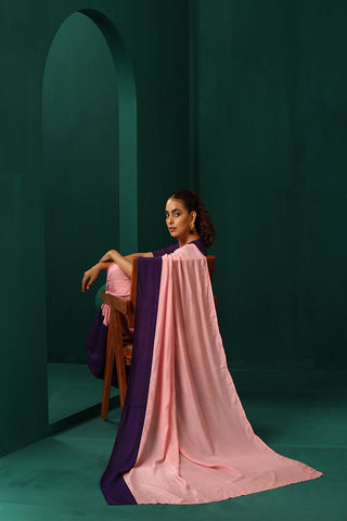 Truebrowns Pink Purple Muslin Silk Pre-Stitched Saree