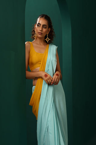 Truebrowns Blue Mustard Muslin Silk Pre-Stitched Saree