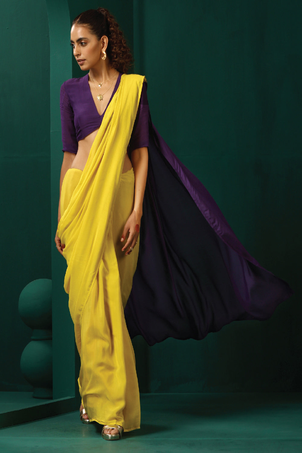 Truebrowns Yellow Purple Muslin Silk Pre-Stitched Saree