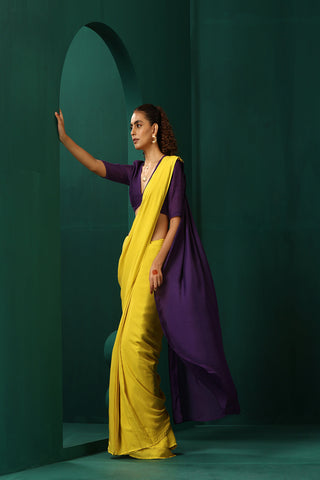 Truebrowns Yellow Purple Muslin Silk Pre-Stitched Saree