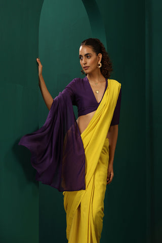 Truebrowns Yellow Purple Muslin Silk Pre-Stitched Saree