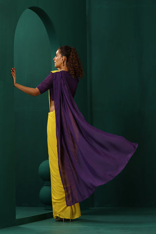 Truebrowns Yellow Purple Muslin Silk Pre-Stitched Saree